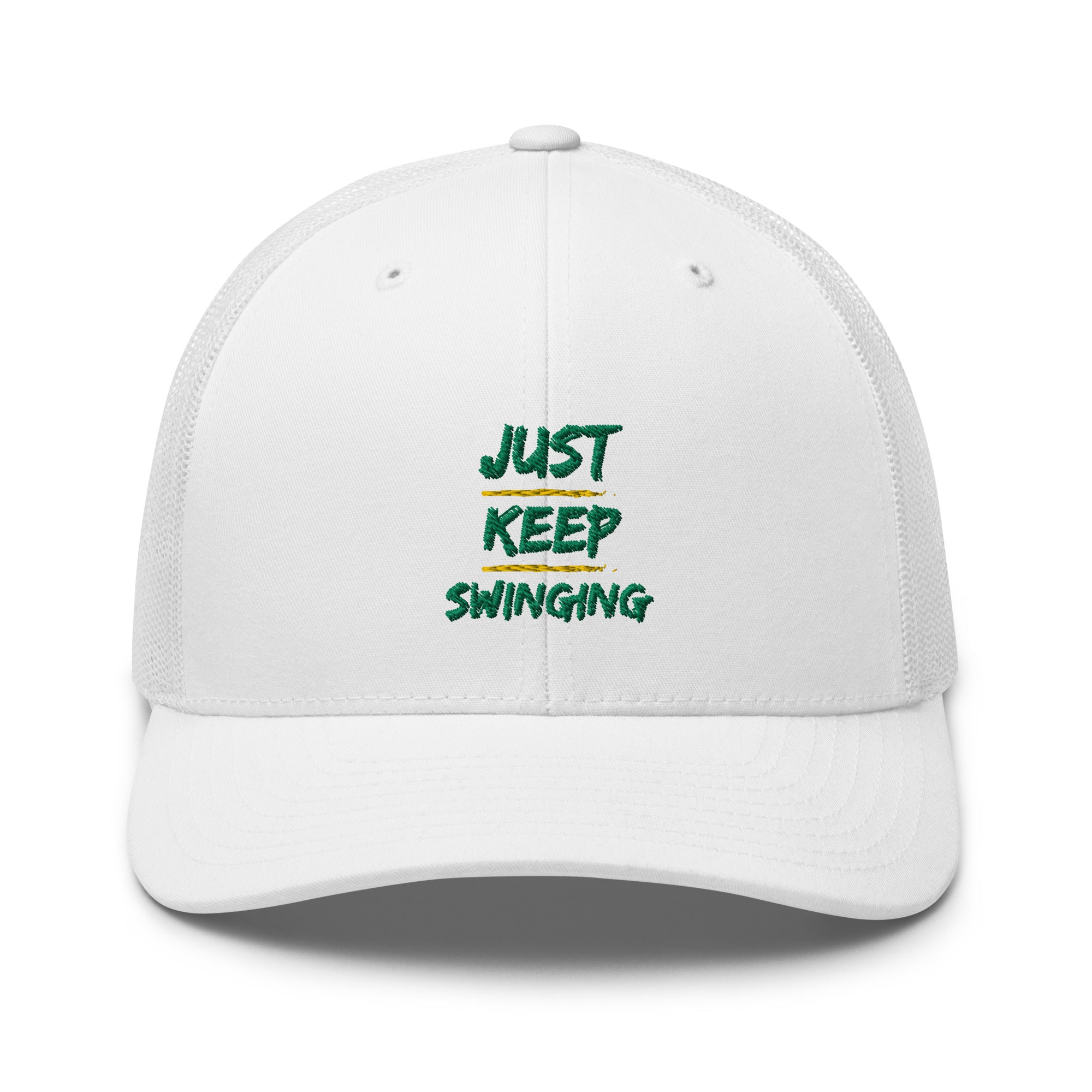 Just Keep Swinging - Performance Cap - Mesh Back - Green logo - Pickleball Puns